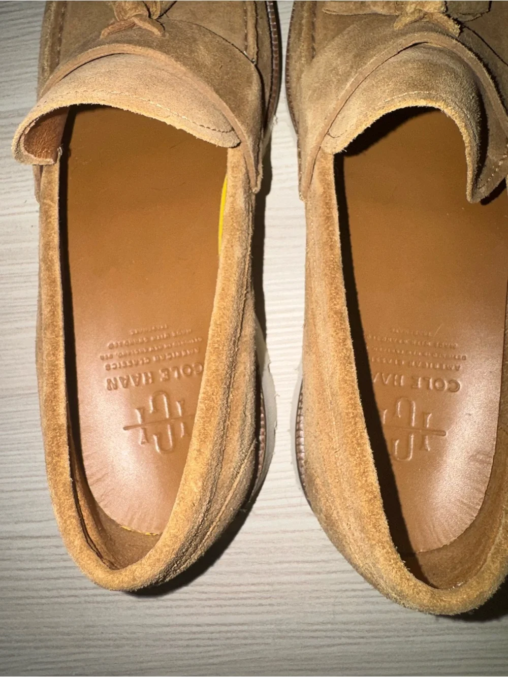 Cole Haan Tan Suede Tassel Loafers with White Lug Sole